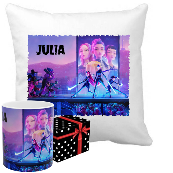 ZESTAW Personalizowany Kubek PODUSZKA KPop DEMON HUNTERS Huntrix Saja Boys z imieniem RÓŻNE WZORY