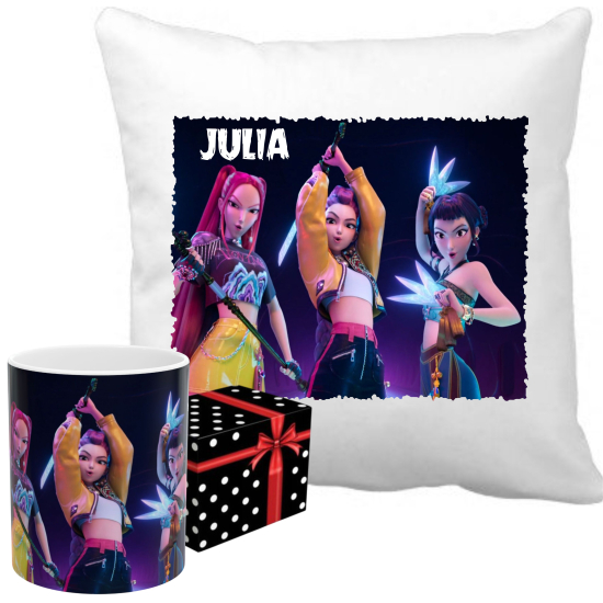 ZESTAW Personalizowany Kubek PODUSZKA KPop DEMON HUNTERS Huntrix Saja Boys z imieniem RÓŻNE WZORY
