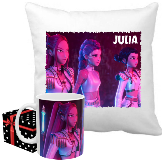 ZESTAW Personalizowany Kubek PODUSZKA KPop DEMON HUNTERS Huntrix Saja Boys z imieniem RÓŻNE WZORY