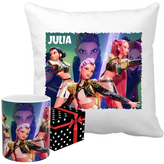 ZESTAW Personalizowany Kubek PODUSZKA KPop DEMON HUNTERS Huntrix Saja Boys z imieniem RÓŻNE WZORY