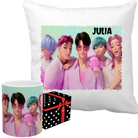 ZESTAW Personalizowany Kubek PODUSZKA KPop DEMON HUNTERS Huntrix Saja Boys z imieniem RÓŻNE WZORY