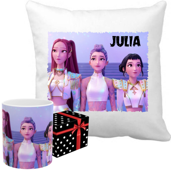 ZESTAW Personalizowany Kubek PODUSZKA KPop DEMON HUNTERS Huntrix Saja Boys z imieniem RÓŻNE WZORY