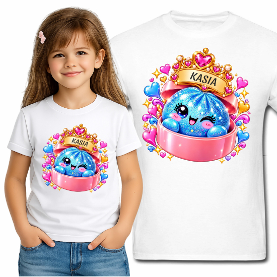 Koszulka niebieski brokatowy GNIOTEK squishy KRÓLOWA GNIOTKÓW personalizowana Z NAPISEM imieniem MG51