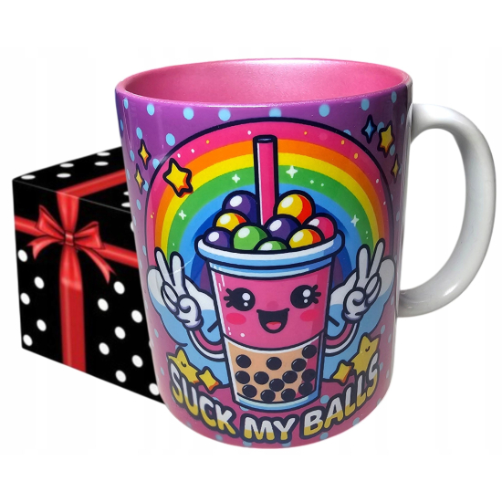 Kubek Zabawny Śmieszny SUCK MY BALLS Bubble Tea PERŁOWE RÓŻOWE WNĘTRZE do pracy
