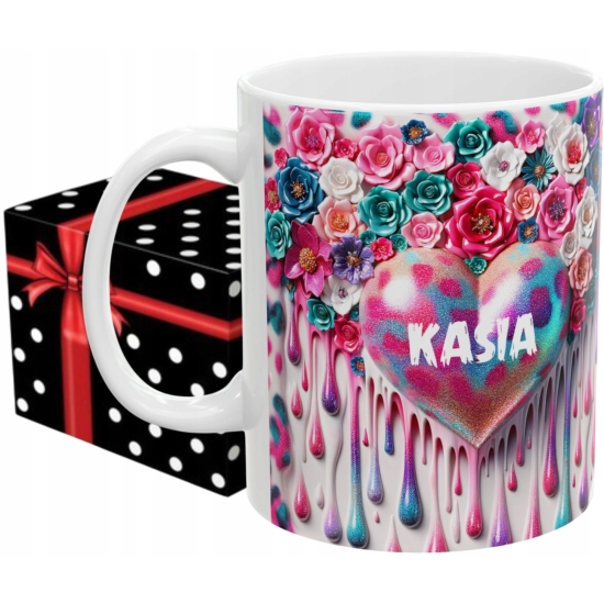 Kubek personalizowany z imieniem WALENTYNKI SERCE pudełko GRATIS 3DSERC