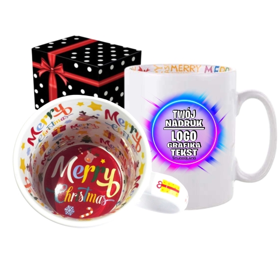 Foto kubek wnętrze MERRY CHRISTMAS ze zdjęciem personalizowany Napis Logo Grafika pudełko GRATIS