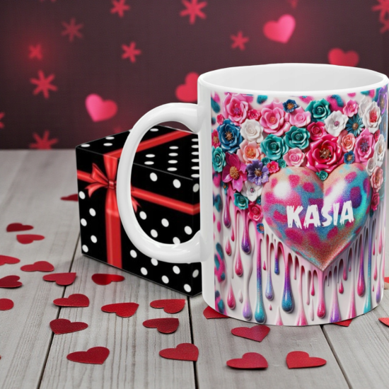 Kubek personalizowany z imieniem WALENTYNKI SERCE pudełko GRATIS 3DSERC