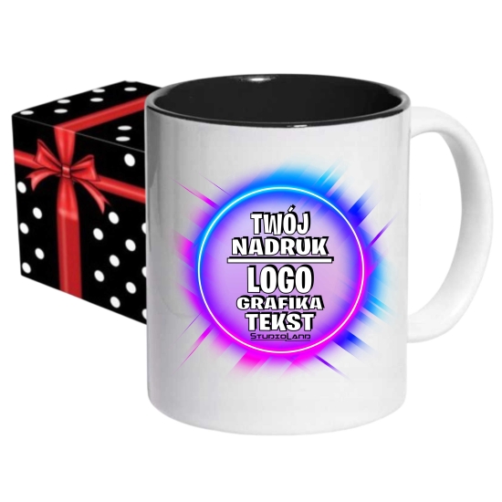 Foto kubek ze zdjęciem wnętrze CZARNE personalizowany Napis Logo Grafika pudełko GRATIS