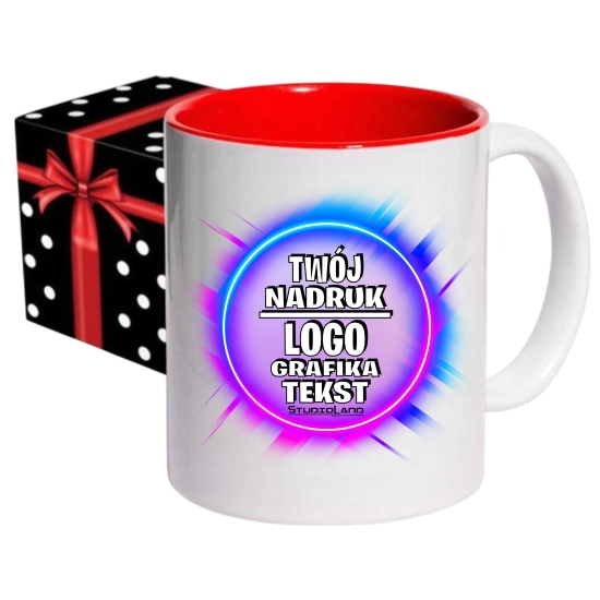 Foto kubek ze zdjęciem wnętrze CZERWONE personalizowany Napis Logo Grafika pudełko GRATIS
