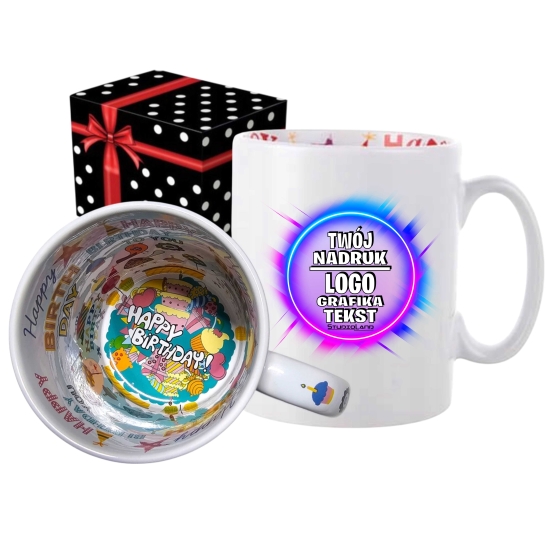 Foto kubek wnętrze HAPPY BIRTHDAY ze zdjęciem personalizowany Napis Logo Grafika pudełko GRATIS
