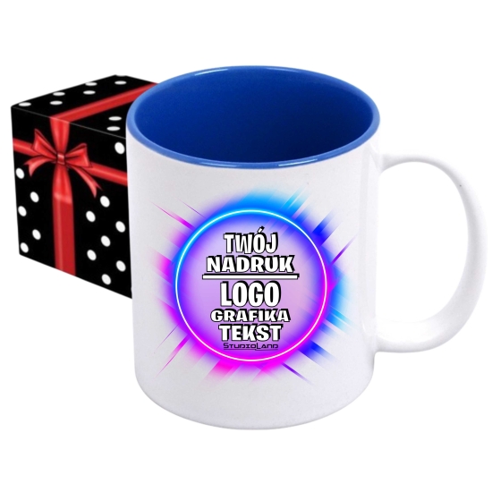 Foto kubek ze zdjęciem wnętrze JASNONIEBIESKIE personalizowany Napis Logo Grafika pudełko GRATIS