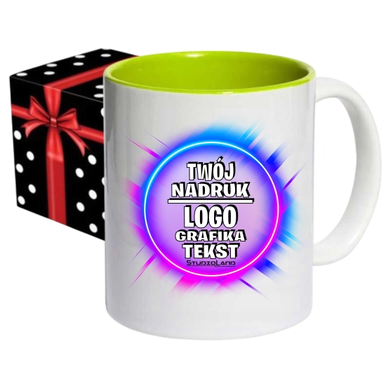 Foto kubek ze zdjęciem wnętrze JASNOZIELONE personalizowany Napis Logo Grafika pudełko GRATIS