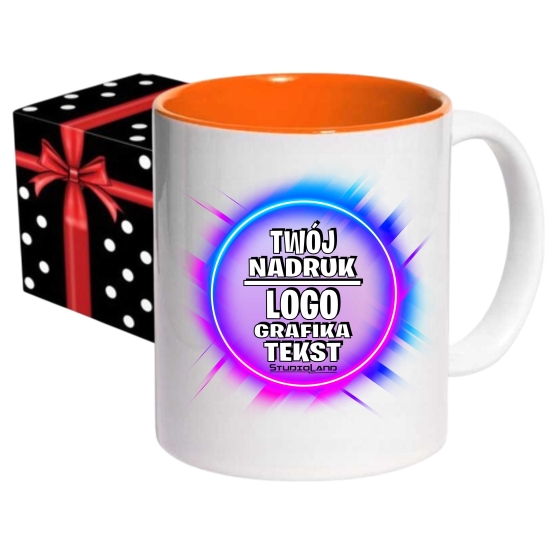 Foto kubek ze zdjęciem wnętrze POMARAŃCZOWE personalizowany Napis Logo Grafika pudełko GRATIS