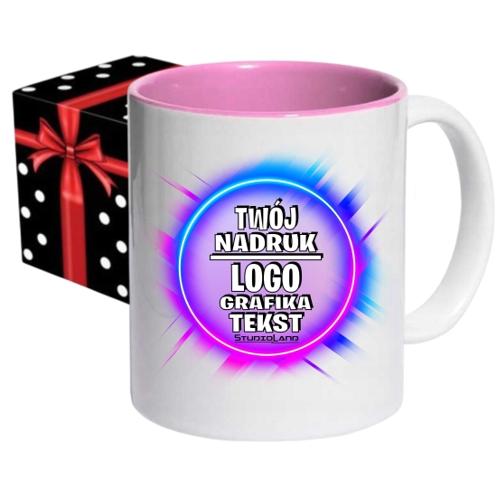 Foto kubek ze zdjęciem wnętrze RÓŻOWE personalizowany Napis Logo Grafika pudełko GRATIS