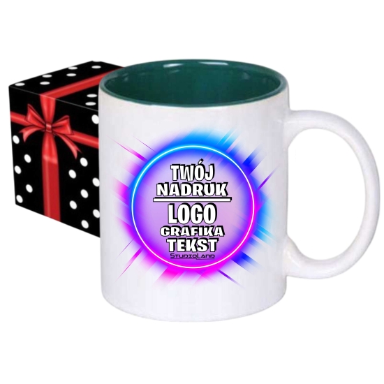 Foto kubek ze zdjęciem wnętrze CIEMNOZIELONE personalizowany Napis Logo Grafika pudełko GRATIS