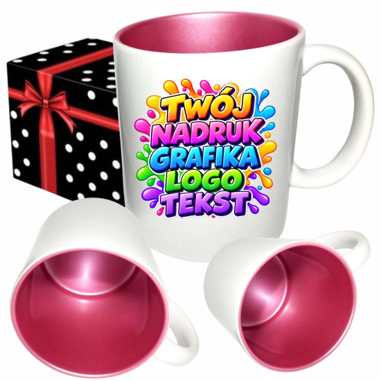 Foto kubek ze zdjęciem wnętrze PERŁOWE RÓŻOWE personalizowany Napis Logo Grafika pudełko GRATIS