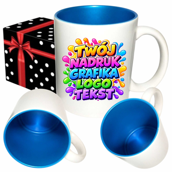 Foto kubek ze zdjęciem wnętrze PERŁOWE NIEBIESKIE personalizowany Napis Logo Grafika pudełko GRATIS
