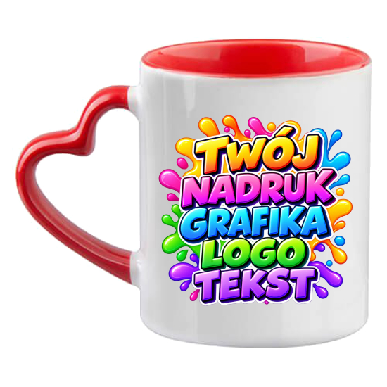 Foto kubek CZERWONE wnętrze UCHO SERCE ze zdjęciem personalizowany Napis Logo Grafika
