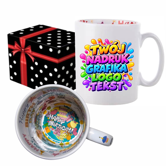 Foto kubek wnętrze HAPPY BIRTHDAY ze zdjęciem personalizowany Napis Logo Grafika pudełko GRATIS