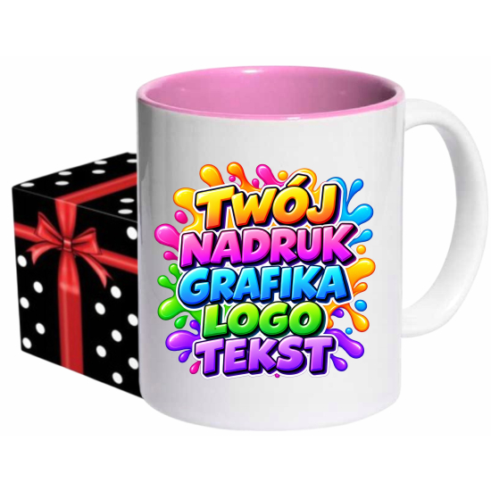 Foto kubek ze zdjęciem wnętrze RÓŻOWE personalizowany Napis Logo Grafika pudełko GRATIS