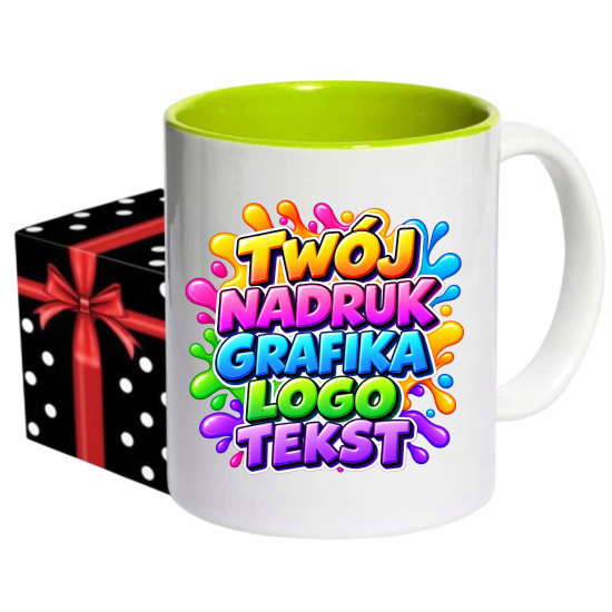 Foto kubek ze zdjęciem wnętrze JASNOZIELONE personalizowany Napis Logo Grafika pudełko GRATIS