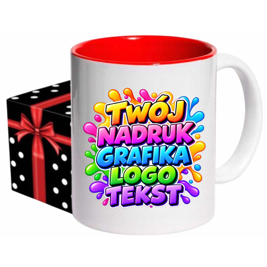 Foto kubek ze zdjęciem wnętrze CZERWONE personalizowany Napis Logo Grafika pudełko GRATIS