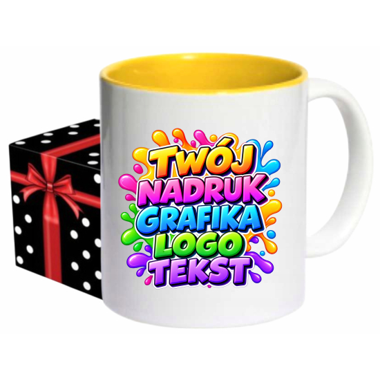 Foto kubek ze zdjęciem wnętrze ŻÓŁTE personalizowany Napis Logo Grafika pudełko GRATIS