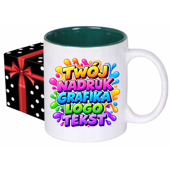 Foto kubek ze zdjęciem wnętrze CIEMNOZIELONE personalizowany Napis Logo Grafika pudełko GRATIS