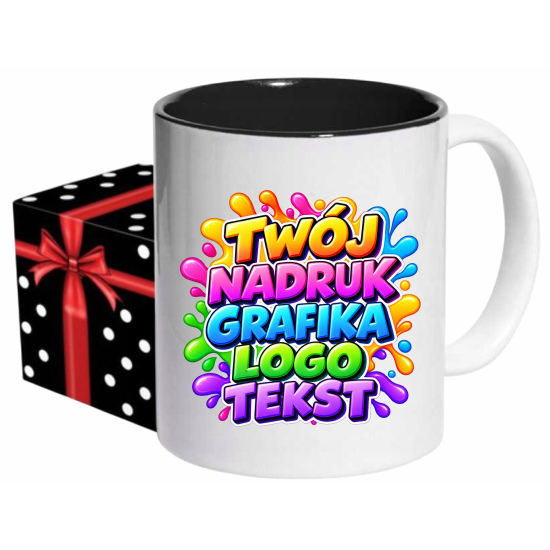 Foto kubek ze zdjęciem wnętrze CZARNE personalizowany Napis Logo Grafika pudełko GRATIS