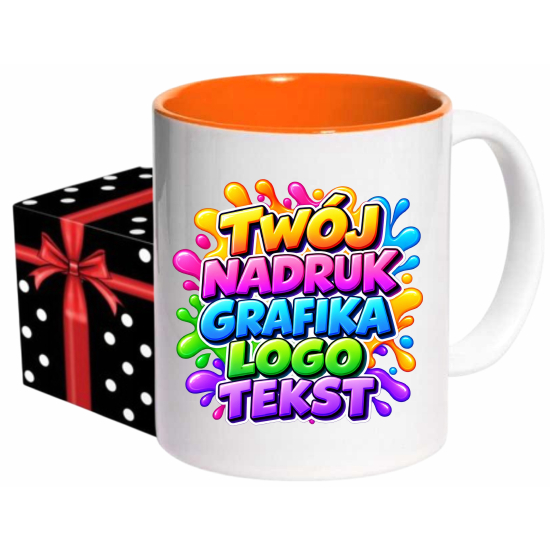 Foto kubek ze zdjęciem wnętrze POMARAŃCZOWE personalizowany Napis Logo Grafika pudełko GRATIS